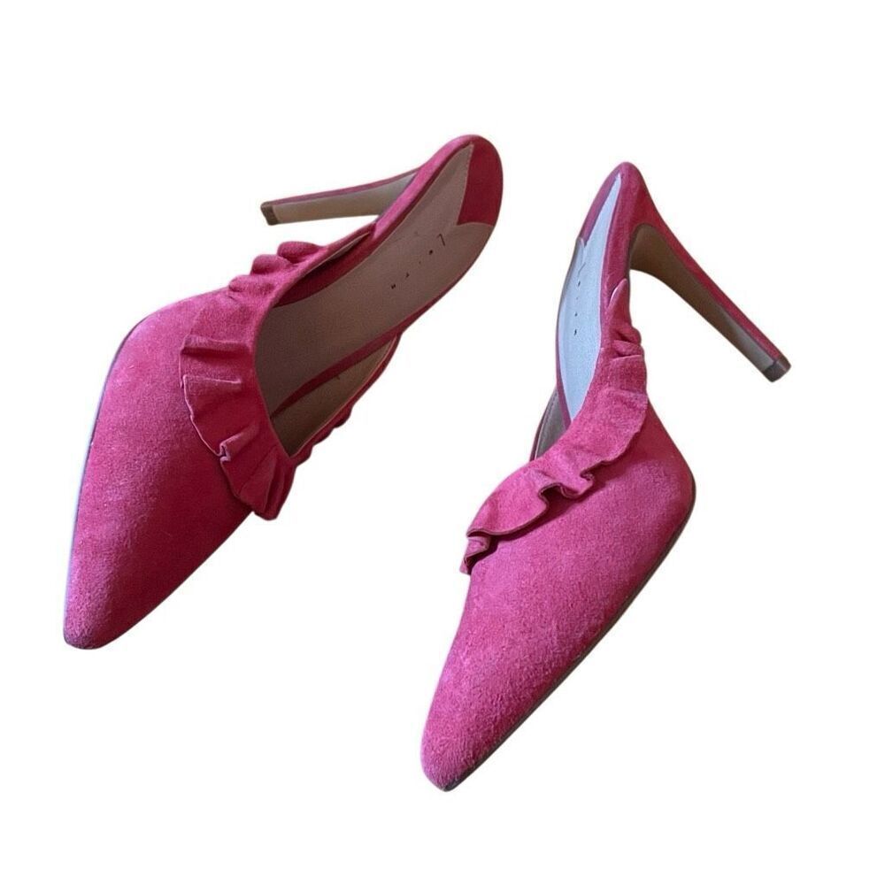 LEITH | pink suede mule heels with ruffle detail 8 - Picture 10 of 14